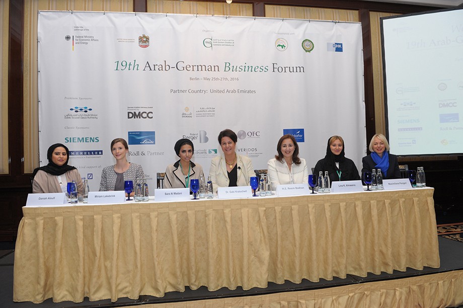 v.l.: Daniah Aloufi (DB International), Miriam Lakebrink (German Arabian Business Center) Sara Al Madani (Sharjah Chamber of Commerce & Industry) Dr. Gabi Kratochwil (CrossCultures), Reem Badran (Amman Chamber of Commerce and Industry), Lina Almaeena (Jeddah United Sports Company), Maximiliana Pangerl (Muehldorfer GmbH).